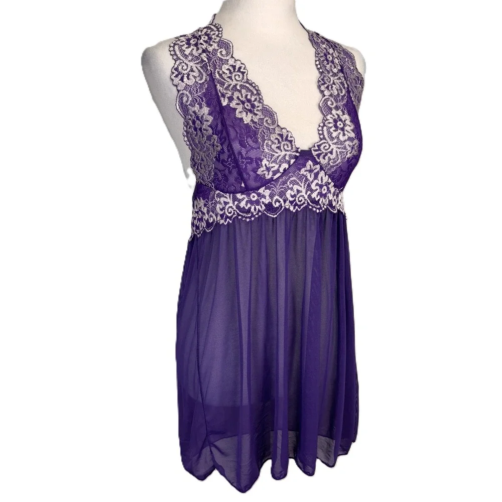Babydoll Sheer Halter Slip Dress Women L Purple Floral Lace Festival Romantic